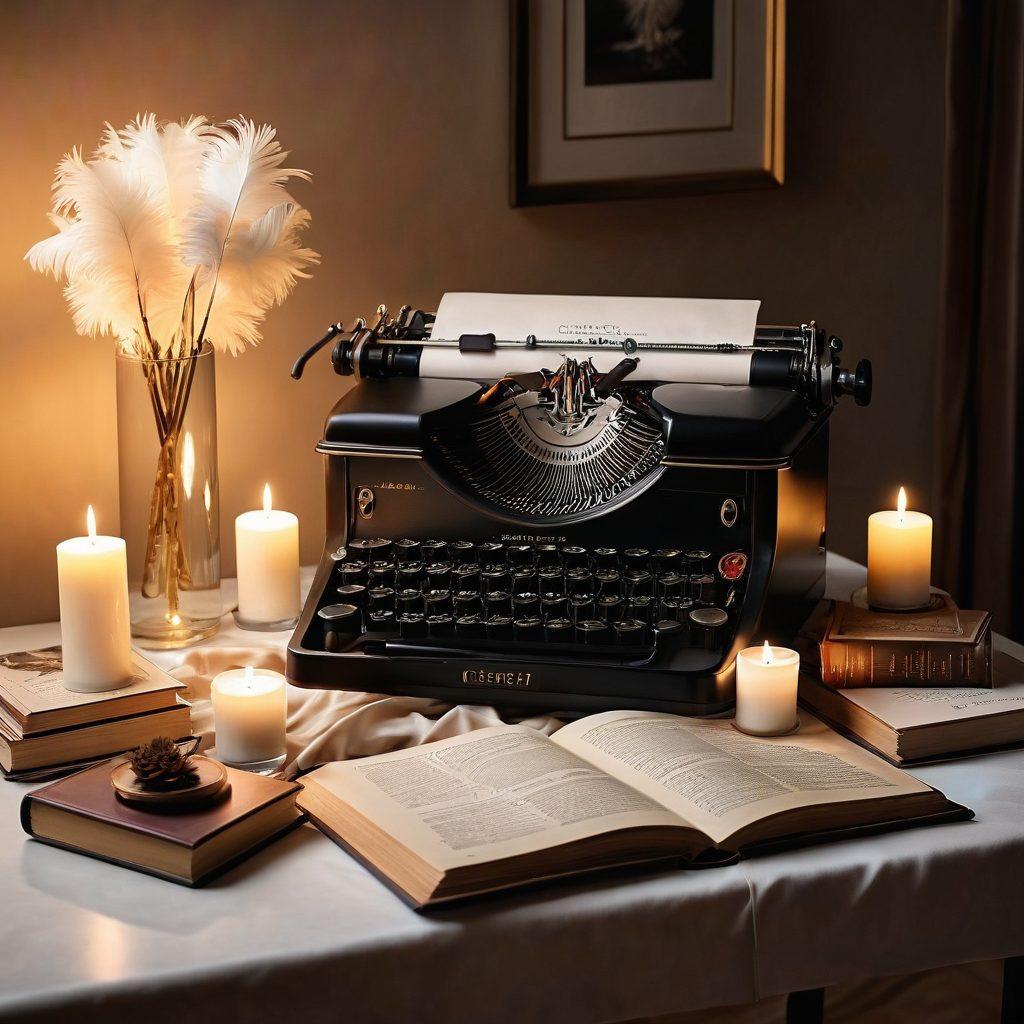 A juxtaposition of an adult review section blending into an intimacy blog, featuring an elegant writing desk adorned with a vintage typewriter and soft-lit candles. On one side, there are playful, alluring elements like silk sheets and a feather quill, while the other side showcases heartwarming books and cozy décor. The background is a soft gradient, symbolizing the transition from erotic to emotional intimacy. warm tones, artistic lighting, super-realistic.